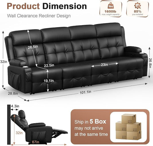 Reclining Couch, 113" PU Leather Sofa Recliner with Massage - 4 Seat Home Theater Seating Comfy Soft, Manual Wall Hugger Reclining with Lumbar Support Sofa Set for Family Living Room, Black
