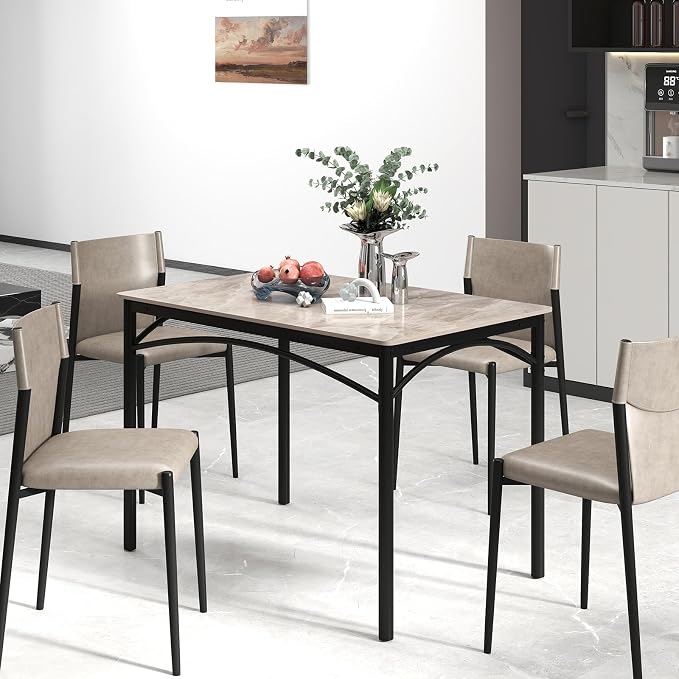 GOFLAME 43” Sintered Stone Dining Table for 4, Rectangular Kitchen Table with Faux Marble Tabletop and Metal Frame, Modern Dining Room Table for Kitchen, Living Room, Restaurant