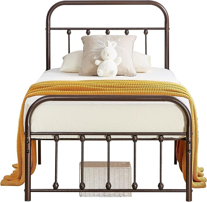 VECELO Purple Bronze Metal Bed Frame Twin Size with Vintage Headboard and Footboard, No Box Spring Needed, Premium Stable Steel Slat Support Mattress Foundation