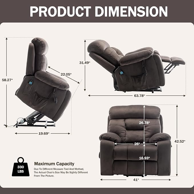 JIKFRIMA 26in Oversized Power Lift Recliner Chair with Massage Heat | Lift Chair for Elderly with Hidden Cup Holders,Side Pockets,Infinite Position Power Control,Velvet Fabric
