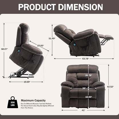 JIKFRIMA 26in Oversized Power Lift Recliner Chair with Massage Heat | Lift Chair for Elderly with Hidden Cup Holders,Side Pockets,Infinite Position Power Control,Velvet Fabric