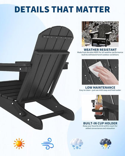 Garvee Folding Adirondack Chair Set of 5, HDPE Outdoor Patio Chair with Cup Holder, All Weather Resistent Wooden Textured for patios, Decks, Gardens, fire Pit, Black