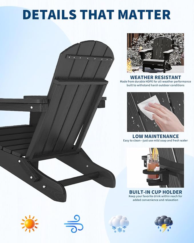 GarveeLife Folding Adirondack Chair Set of 4 with 2 Side Table, All-Weather HDPE Outdoor Chair, Wooden Textured with Cup Holder for patios, Decks, Gardens, fire pits, Black