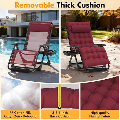 Slendor Oversized Zero Gravity Chairs XXL, 33IN Padded Zero Gravity Lounge Chair, Folding Reclining Patio Chair Lawn Recliner w/Aluminum Alloy Lock, Headrest, Cup Holder, Support 500lbs, Wine Red