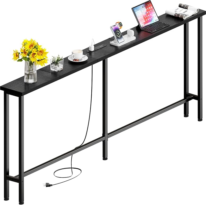 GRLEAF 78" Sofa Table with Built-in Power Strip (2 AC Outlets & 2 USB Ports) – 4.9ft Power Cord, Metal Frame, Easy Assembly, Long Couch Table Behind Sofa, Hallway, Living Room and Home Office | Black