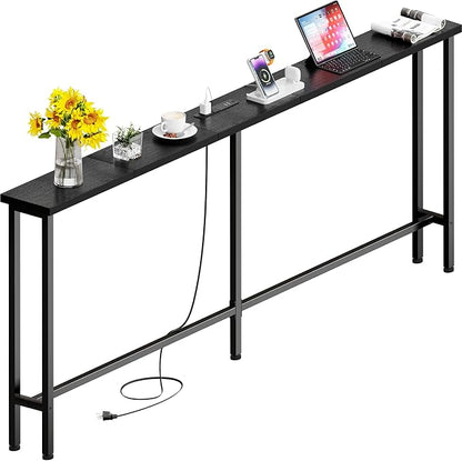 GRLEAF 70" Sofa Table with Built-in Power Strip (4 AC Outlets & 4 USB Ports) – 4.9ft Power Cord, Metal Frame, Easy Assembly, Long Couch Table Behind Sofa, Hallway, Living Room and Home Office | Black