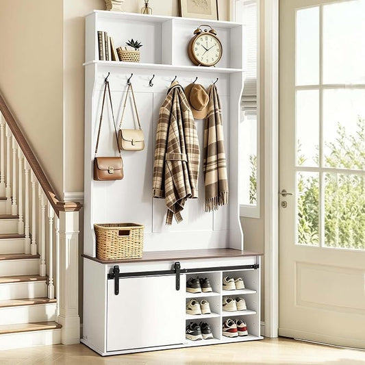 VEVOR Hall Tree with Bench and Shoe Storage, 42" Wide, Entryway Hall Tree with Bench, Hanging Hooks, Storage Shelves, Adjustable Shoe Shelves, Wooden Furniture for Mudroom, Entryway, Hallway, White