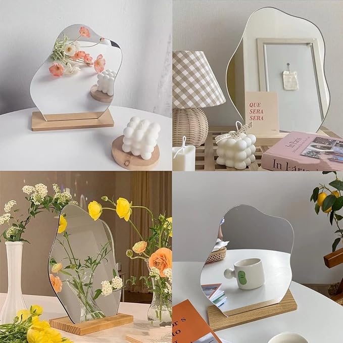 Irregular Aesthetic Vanity Mirror Frameless, Decorative Desk Tabletop Acrylic Mirrors with Wooden Stand for Living Room, Bedroom, Office and Minimal Spaces Home Decor - Cloud Shape