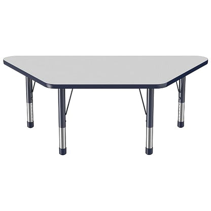 FDP Trapezoid Activity School and Classroom Kids Table (30 x 60 inch), Chunky Toddler Legs for Collaborative Seating Environments, Adjustable Height 15-24 inches - Gray Top and Navy Edge