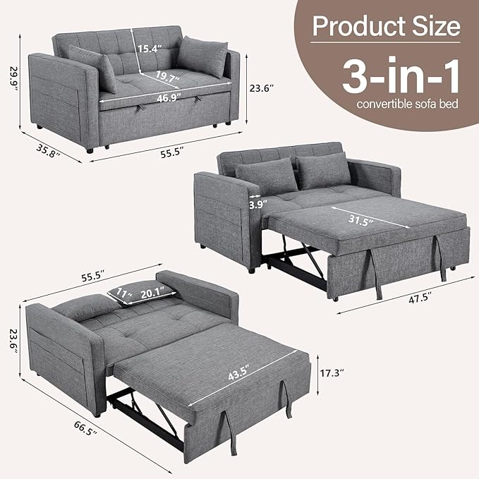 HAOMARKETS 3 in 1 Convertible Sleeper Sofa Bed, Loveseat Chaise Lounge with Pullout Bed, 2-Seater Futon Couches with Storage Pockets, 3-Level Adjustable Backrest and Pillows for Living Room, Dark Grey