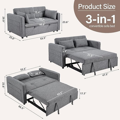 HAOMARKETS 3 in 1 Convertible Sleeper Sofa Bed, Loveseat Chaise Lounge with Pullout Bed, 2-Seater Futon Couches with Storage Pockets, 3-Level Adjustable Backrest and Pillows for Living Room, Dark Grey