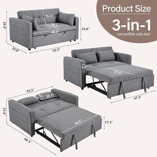 HAOMARKETS 3 in 1 Convertible Sleeper Sofa Bed, Loveseat Chaise Lounge with Pullout Bed, 2-Seater Futon Couches with Storage Pockets, 3-Level Adjustable Backrest and Pillows for Living Room, Dark Grey