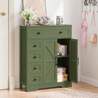 Vabches Farmhouse Storage Cabinet with 2 Doors and 5 Drawers, Freestanding Bathroom Cabinets Kitchen Pantry, Floor Storage Cabinet Hutch Cupboard for Living Room/Bathroom/Kitchen. Green