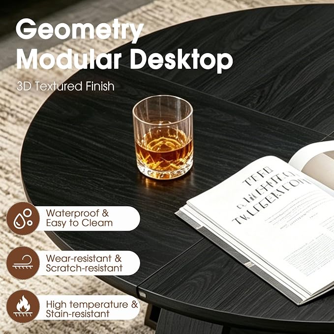 Black Round Coffee Table, 31.5" Modern Coffee Table for Living Room with Mountain Textures,Small Coffee Table with Open Storage, Circle Center Table with Cross Base, Easy Assembly