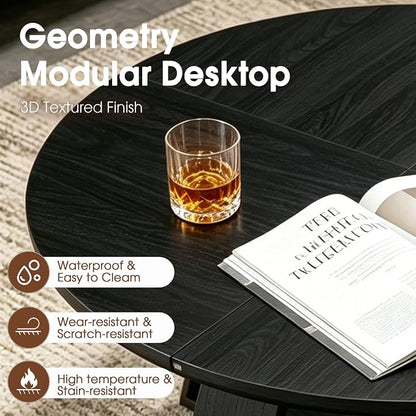 Black Round Coffee Table, 31.5" Modern Coffee Table for Living Room with Mountain Textures,Small Coffee Table with Open Storage, Circle Center Table with Cross Base, Easy Assembly