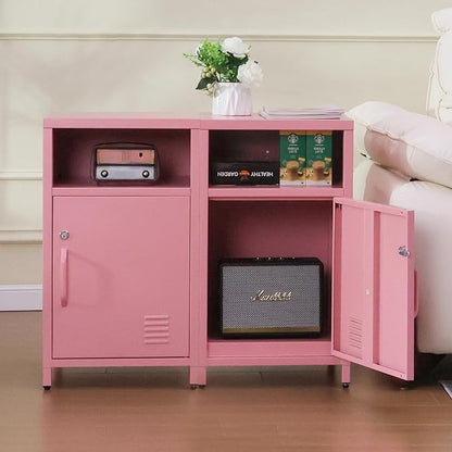 ALBAD Compact Metal Nightstand with Lockable Cabinet and Open Shelf, Modern Bedside Table, Versatile Side Table for Bedroom, Living Room, or Office (Pink, 26" H-Lockable Door)