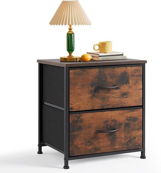 Nightstand, Small 2 Drawer Dresser End Table Bedside Furniture, Wooden Top Fabric Bins for Bedroom, Closet, Entryway, Dorm, 11.8" D x 18" W x 20", Brown
