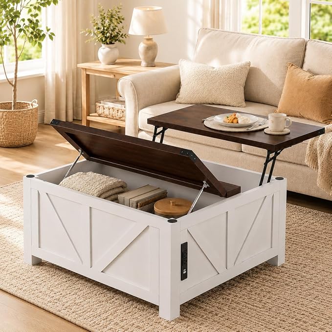 Simple Deluxe Lift Top Coffee Table with Storage, 35.5" Square Coffee Tables for Living Room, Farmhouse Coffee Table with Power Outlets, Coffee Tables with Lifting Top for Living Room (White)