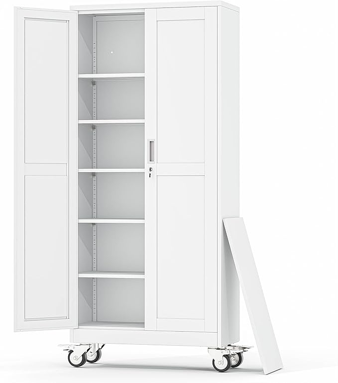 Metal Garage Storage Cabinet, 75”Tall Rolling Utility Cabinet White | storage system with Wheels, Lock, 5 Adjustable Shelves, Heavy Duty Steel Tool Locker for Home Office, Utility Room, Gym