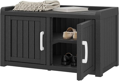 Outdoor Shoe Bench, Waterproof UV-Resistant Indoor Resin Shoe Cabinet, Entryway Shoe Storage Bench with 2 Doors, for Entryway, Hallway, Living Room, Bedroom, Black