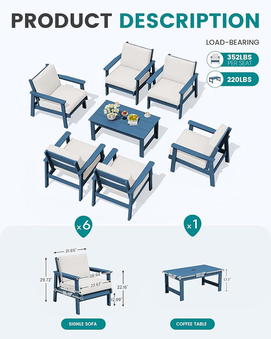 SERWALL HDPE Outdoor Furniture Set, 7 Piece All Weather Wood-Like Outdoor Sofa Sectional Couch, Blue Patio Furniture Set with Khaki Cushions