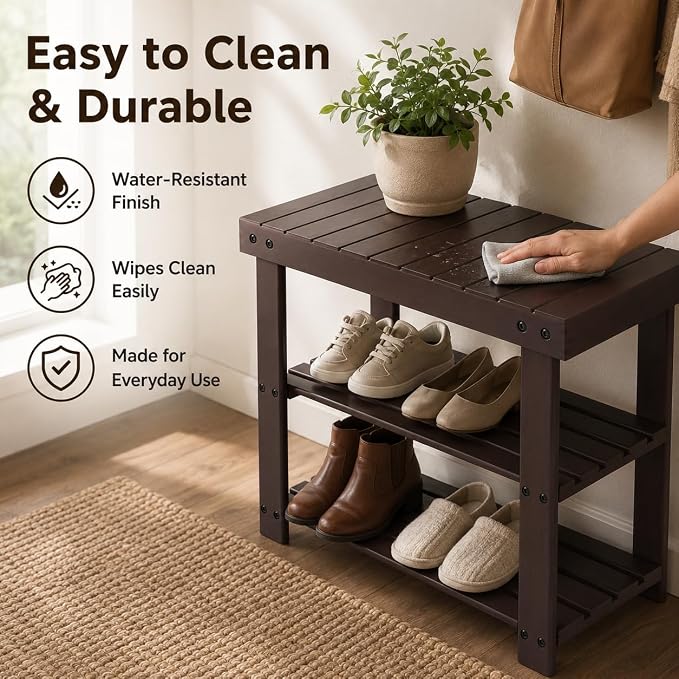 Shoe Rack Bench, 3-Tier Shoe Storage Organizer for Entryway , Shoe Shelf for Small Spaces, Multi-Functional Side Table Plant Stand, Shoe Stand for Bedroom, Living Room, Closet, Front Door, Brown