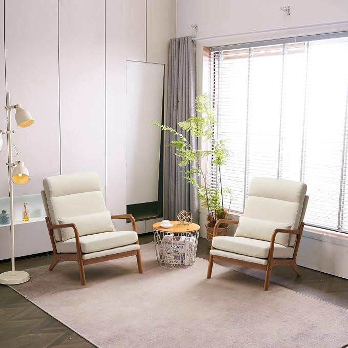 Karl home Accent Chair High Back Mid-Century Modern, Beige | Line Fabric Upholstered, Walnut Color Solid Rubber Wood Frame, Soft Cushion with Pillow, For Living Room, Bedroom, Balcony