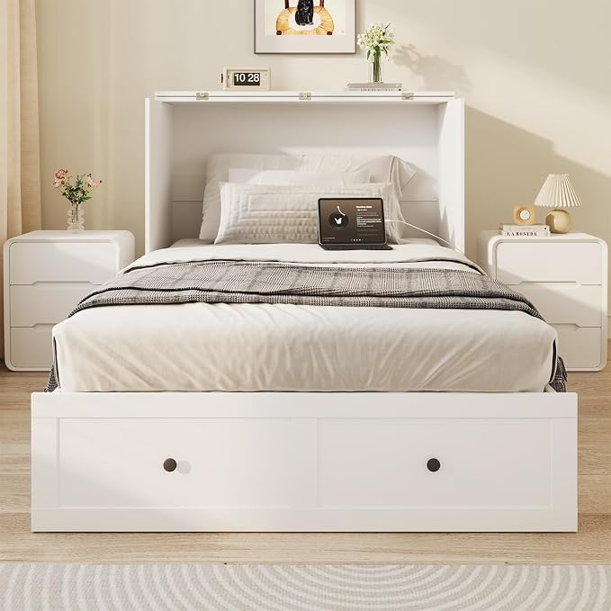 LIVAUVEAD Twin Murphy Bed with Built-in Charging Station, Space-Saving Murphy Bed Chest Twin with Drawer, Foldable, for Home Office Guest Room Bedroom White