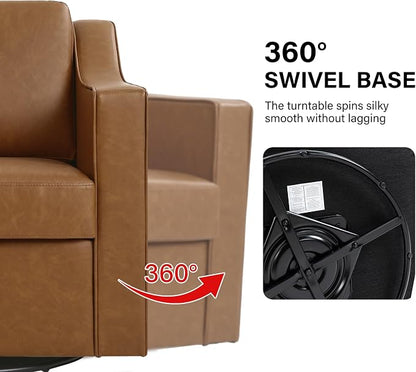 Swivel Accent Chair, Modern Round Barrel Arm Chair for Living Room, Bedroom, Comfy Club Reading Chairs for Adults (Leather Brown, Set of 2)