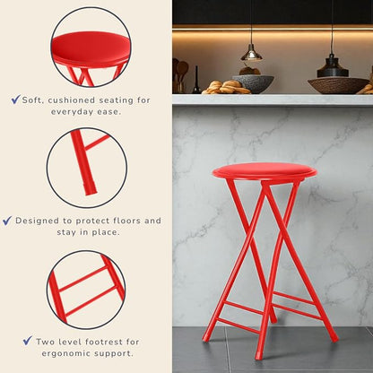 Lavish Home Folding Stool - Set of 4 Counter Height Bar Stools – 24-Inch Backless Folding Chairs with 225lb Capacity for Kitchen, Rec Room, or Game Room (Red)