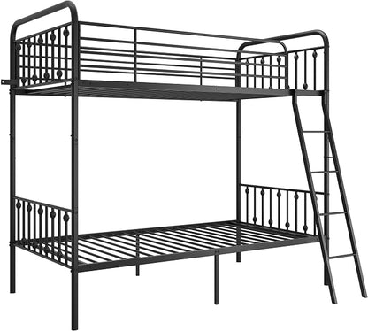 SHA CERLIN Convertible Twin Over Twin Bunk Bed,CPC Certified,Black | Victorian Iron-Art Headboard and Footboard,Space-Saving Metal Bunk Bed with Guardrail & Ladder,No Box Spring Needed
