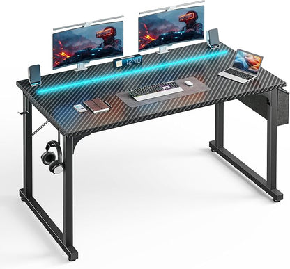 DurayLoly 48" Gaming Desk with Waterproof LED Lights, Carbon Fiber Desktop for Small Spaces | Home Office Study Computer Desk with Storage Bag & Headphone Hook, Black
