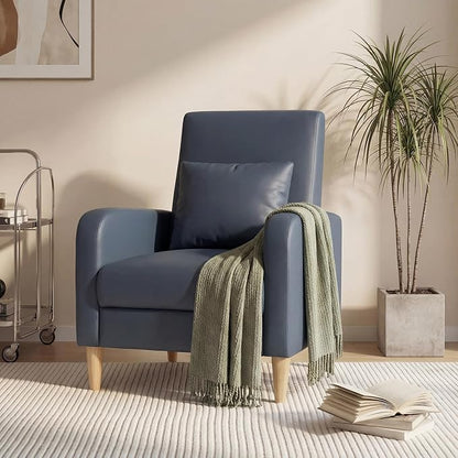 COLAMY Mid-Century Modern Upholstered Accent Chair with Back Pillow & Solid Wood Legs, Leather Cozy Armchair for Living Room, Bedroom, Reading Nook, Apartment & Small Spaces, Blue