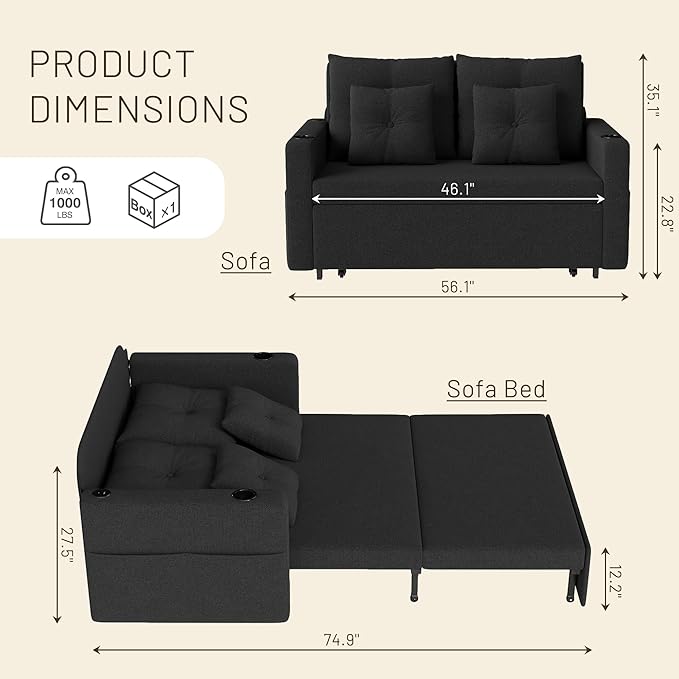 Krcix 3 in 1 Sofa Bed, 56 Inch Convertible Pull Out Couch, Loveseat Sleeper Sofa with Cup Holders, USB, Side Pockets, Multi-Function Couch Bed for Living Room, Apartment, Black