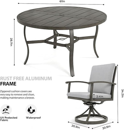 HAPPATIO Patio Dining Set, Aluminum Round Outdoor Dining Set for 8, 61" Round Table with Umbrella Hole and 8 Swivel Chairs, Outdoor Table and Chairs with Removable Cushion for Lawn Yard Patio
