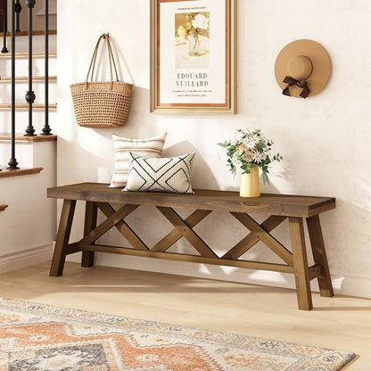 Wnutrees 54" Farmhouse Wood Bench, Rustic Solid Wood Entryway Bench Seat with Double X-Structure for Dining Area Living Room Hallway, Structural Stability, Natural