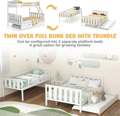 KOMFOTT Twin Over Full Bunk Bed with Trundle, Wood Bunk Bed with Pull-Out Trundle Bed, Solid Wood Frame, Ladder & Safety Guardrails, Convertible to 2 Separated Beds, No Box Spring Needed (White)