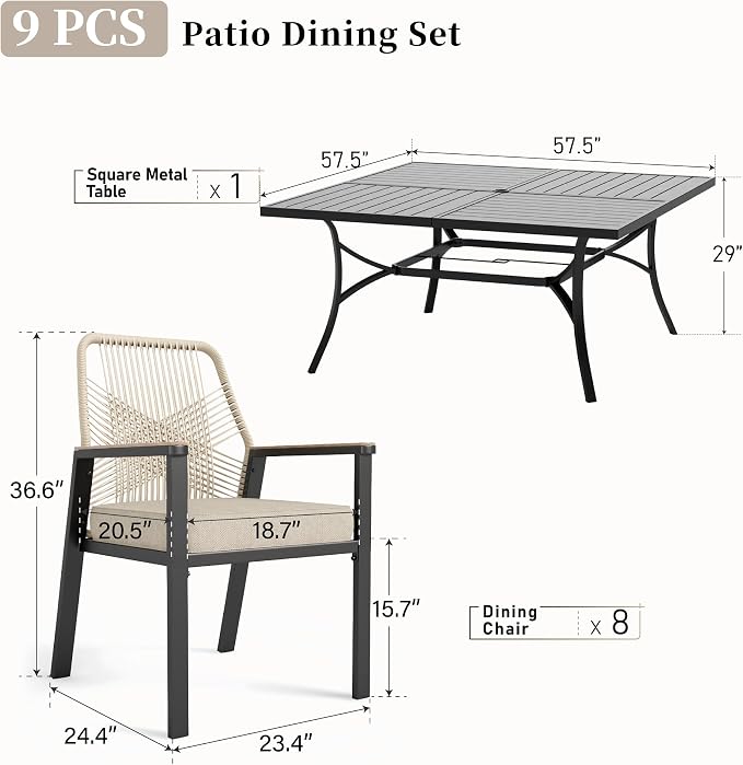 9 Pieces Patio Dining Set, 8 x Woven Rattan Chairs with Waterproof Cushion, 57.5" Square Metal Dining Table with Umbrella Hole, Outdoor Table and Chairs Set for Backyard Lawn and Deck, Beige