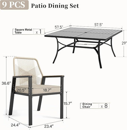 9 Pieces Patio Dining Set, 8 x Woven Rattan Chairs with Waterproof Cushion, 57.5" Square Metal Dining Table with Umbrella Hole, Outdoor Table and Chairs Set for Backyard Lawn and Deck, Beige