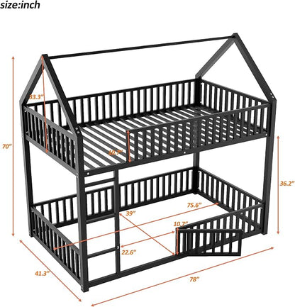 RuiSiSi Twin Over Twin House Bunk Bed, Metal Floor Bunk Beds with Safety Guardrails and Roof for Kids, Twin Bunk Bed Frame with Fenced Rails for Bedroom, No Box Spring Needed, Black