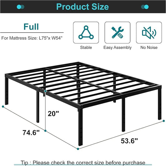 Maenizi Full Size Bed Frame No Box Spring Needed, 20 Inch Heavy Duty Metal Platform Bed Frame Full Support Up to 3000 lbs, Easy Assembly, Noise Free, Black