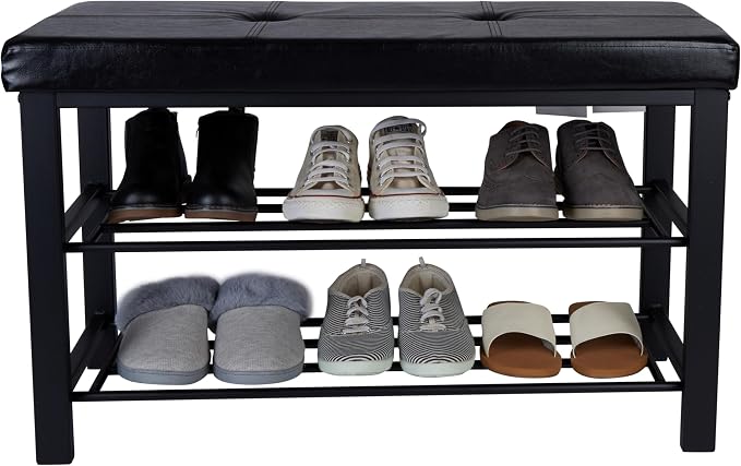 Simplify Storage Bench, Shoe Rack, Ottoman, Tufted, Padded Seating for Entryway, Bedroom, Closet & Hallway, Black