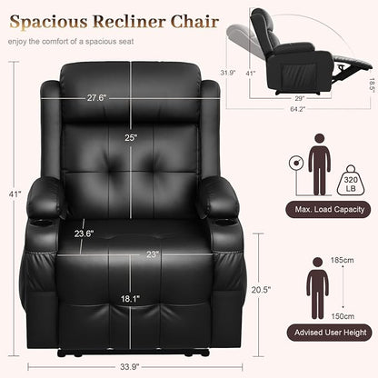 Extra Wide Seat Recliner Chair with Heat and Back Massage, Electric Power Oversized Reclining Chair Infinite Position with Storage Armrests & 2 Cup Holders for Living Room, Manual Recliners