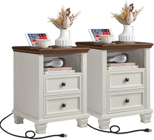 SAVOR LIFE Farmhouse Nightstand Set of 2 with Charging Station, Antique Nightstands with Drawers, Bedside Table with Open Shelf for Bedroom, White