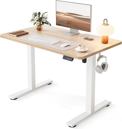 Cubiker Standing Desk, 40x24 Inches Sit Stand Home Office Desk, Electric Stand up Desk, Adjustable Desk with Splice Board, White Frame/Maple Top