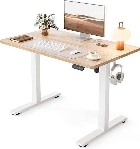 Cubiker Standing Desk, 40x24 Inches Sit Stand Home Office Desk, Electric Stand up Desk, Adjustable Desk with Splice Board, White Frame/Maple Top