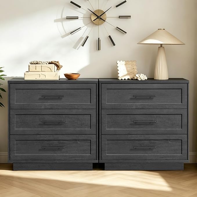 Fatmok 31.5" Wide 3 Drawer Nightstand Set of 2, Oversized Wooden Bedside Table with Storage, Modern Bedroom Side Table Cabinet, Large Night Stand with Drawers,Black Grey