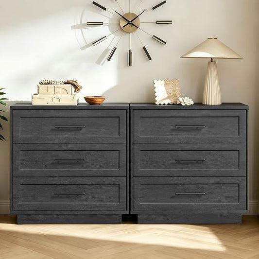 Fatmok 31.5" Wide 3 Drawer Nightstand Set of 2, Oversized Wooden Bedside Table with Storage, Modern Bedroom Side Table Cabinet, Large Night Stand with Drawers,Black Grey