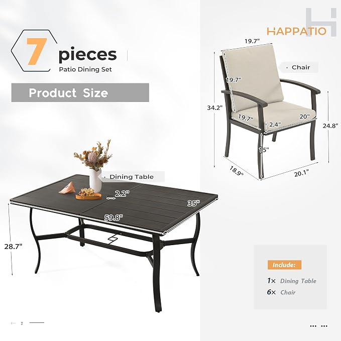 HAPPATIO 7 Piece Patio Dining Set, Aluminum Outdoor Dining Set for 6, Aluminum Dining Table and Chairs Set, Patio Furniture with Table, Chairs and Washable Cushions (Black)