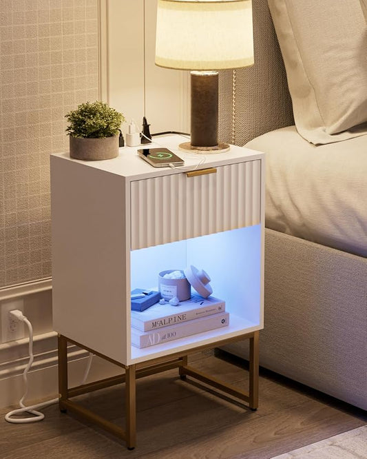 Masupu Fluted Nightstand with Charging Station and LED Lights,Modern Night Stand Wood Bedside Table with Storage Drawer Side End Table for Bedroom, Office,White